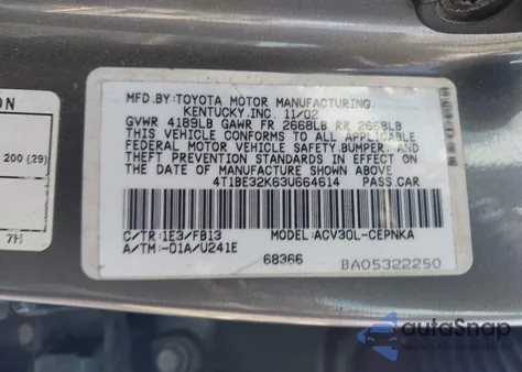 2003 Toyota Camry Le из США, поврежденный, VIN 4T1BE32K63U664614